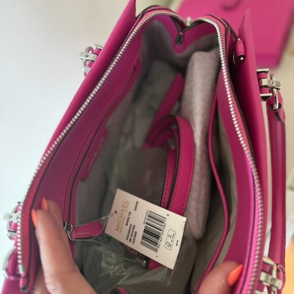 Michael Kors Marilyn Medium Satchel w/Smartphone Wallet BUNDLE Hot Pink Tote - Picture 7 of 16